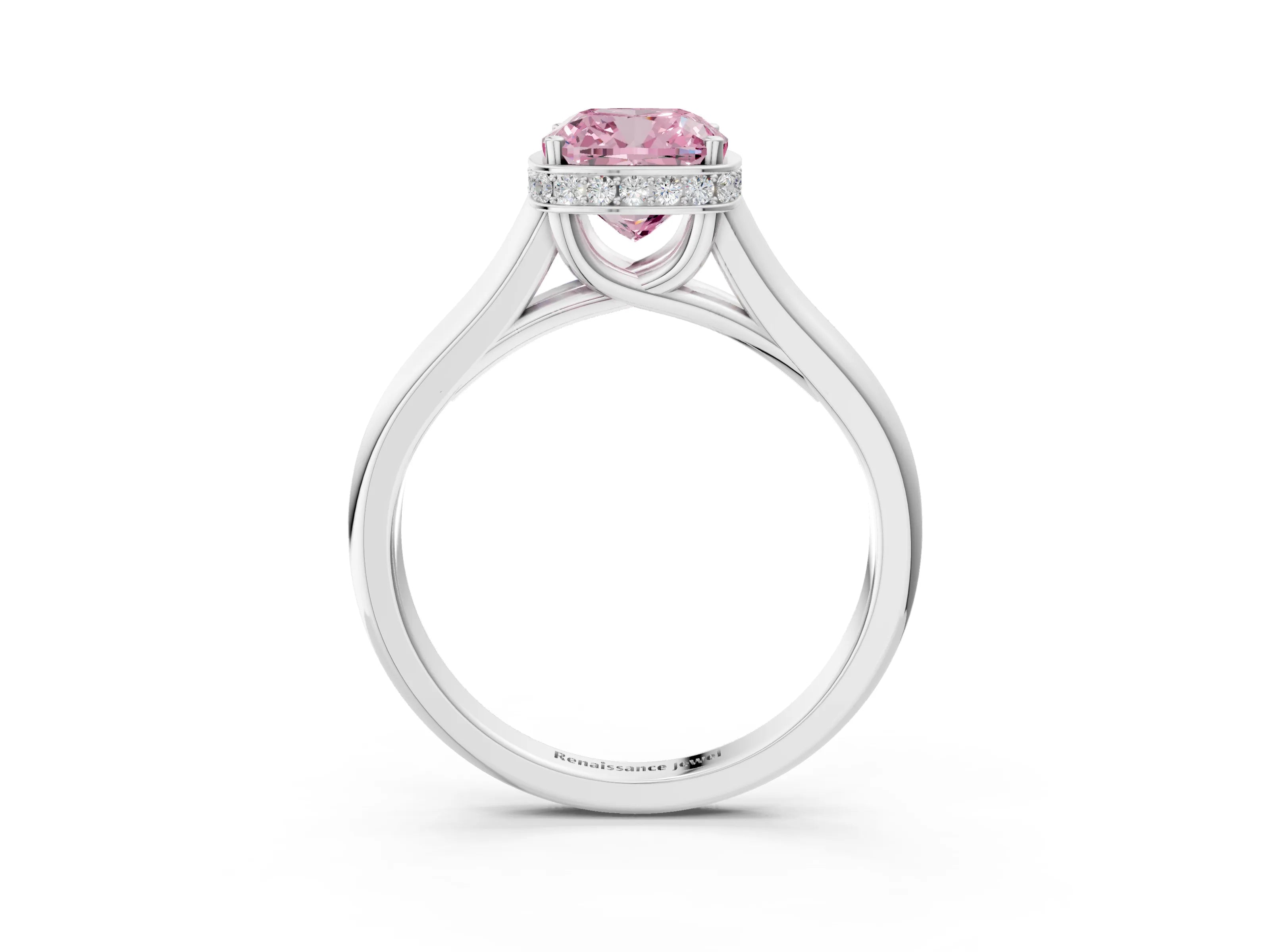 White gold Fancy Pink Cushion Cut Solitaire Diamond Engagement Ring with Four-Prong Setting and Tapered Band_3