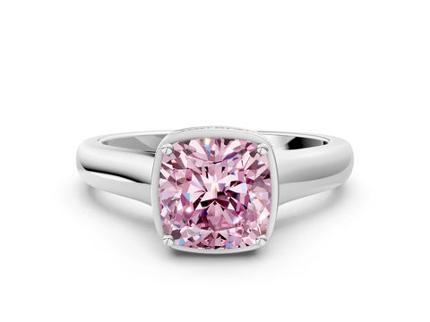 White gold Fancy Pink Cushion Cut Solitaire Diamond Engagement Ring with Four-Prong Setting and Tapered Band