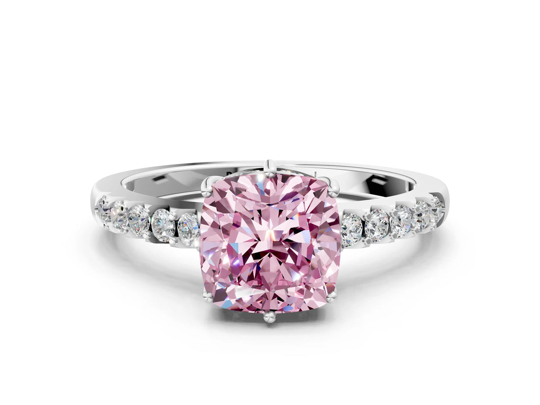 White gold Fancy Pink Cushion Cut Solitaire Diamond Engagement Ring with Pavé Band and Six-Prong Setting_12