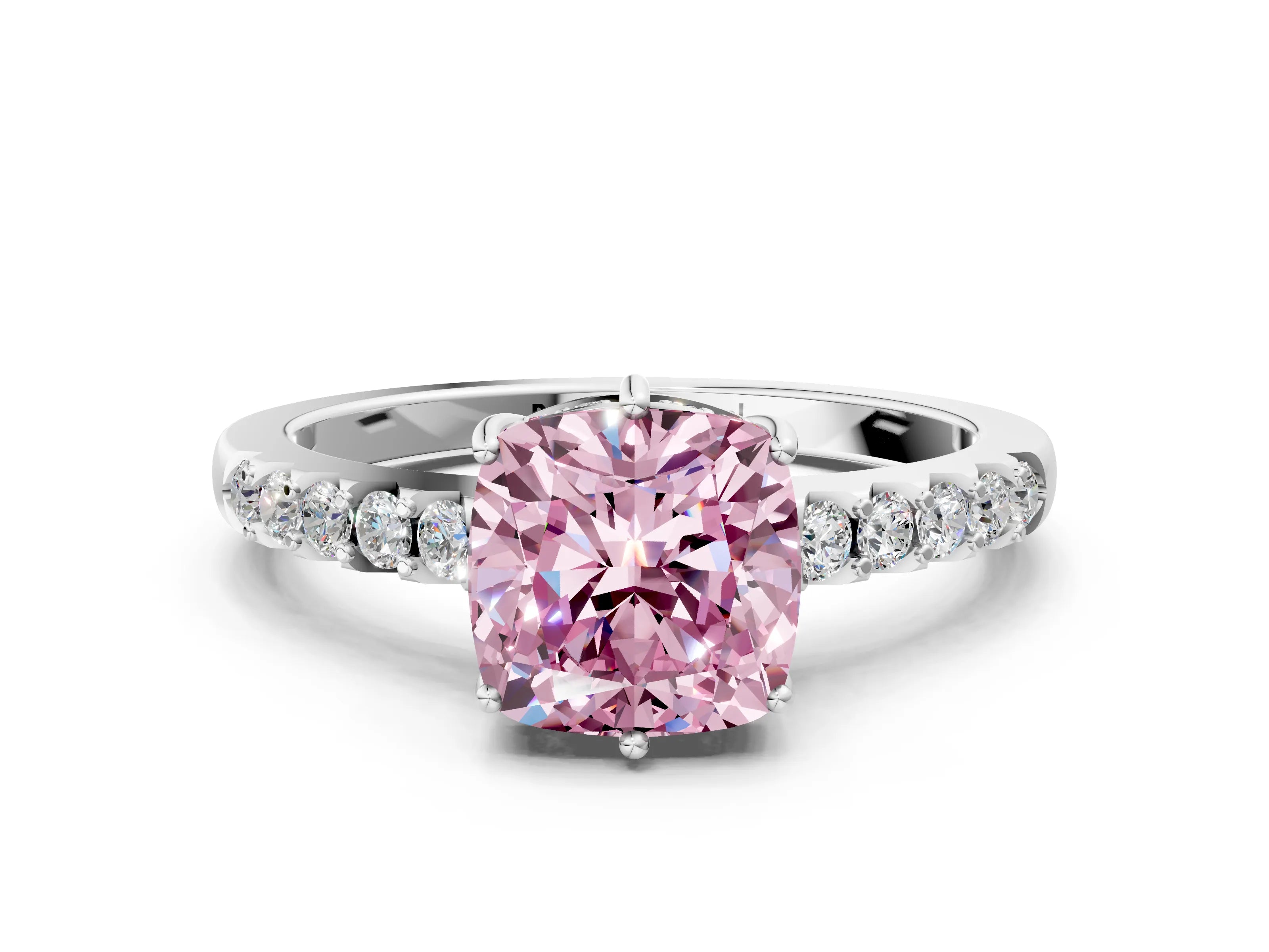 White gold Fancy Pink Cushion Cut Solitaire Diamond Engagement Ring with Pavé Band and Six-Prong Setting_12