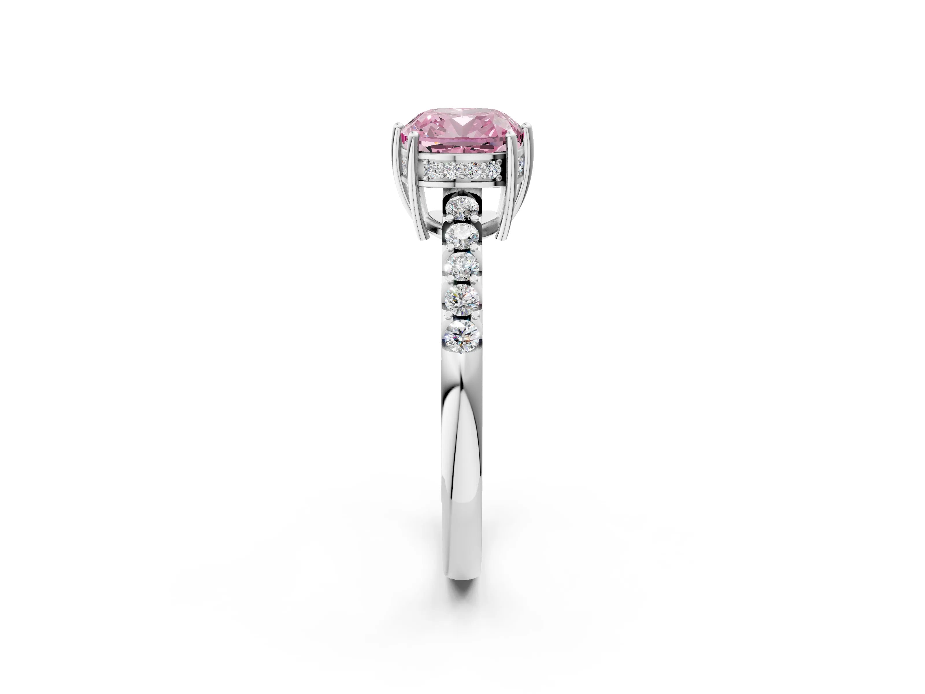 White gold Fancy Pink Cushion Cut Solitaire Diamond Engagement Ring with Pavé Band and Six-Prong Setting_14