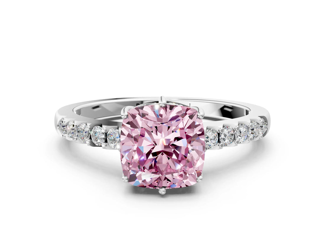 White gold Fancy Pink Cushion Cut Solitaire Diamond Engagement Ring with Pavé Band and Six-Prong Setting_24