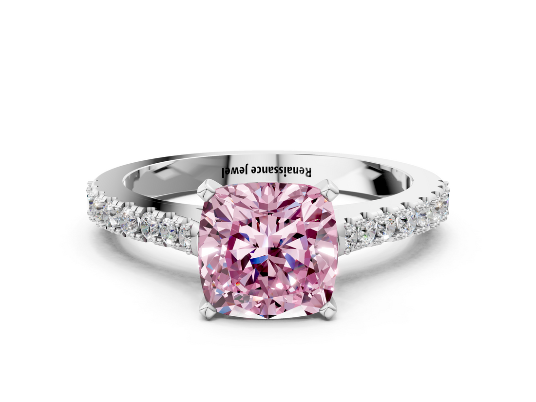 White gold Fancy Pink Cushion  Cut Solitaire Diamond Engagement Ring with Pave Band and Four-Prong Setting_147