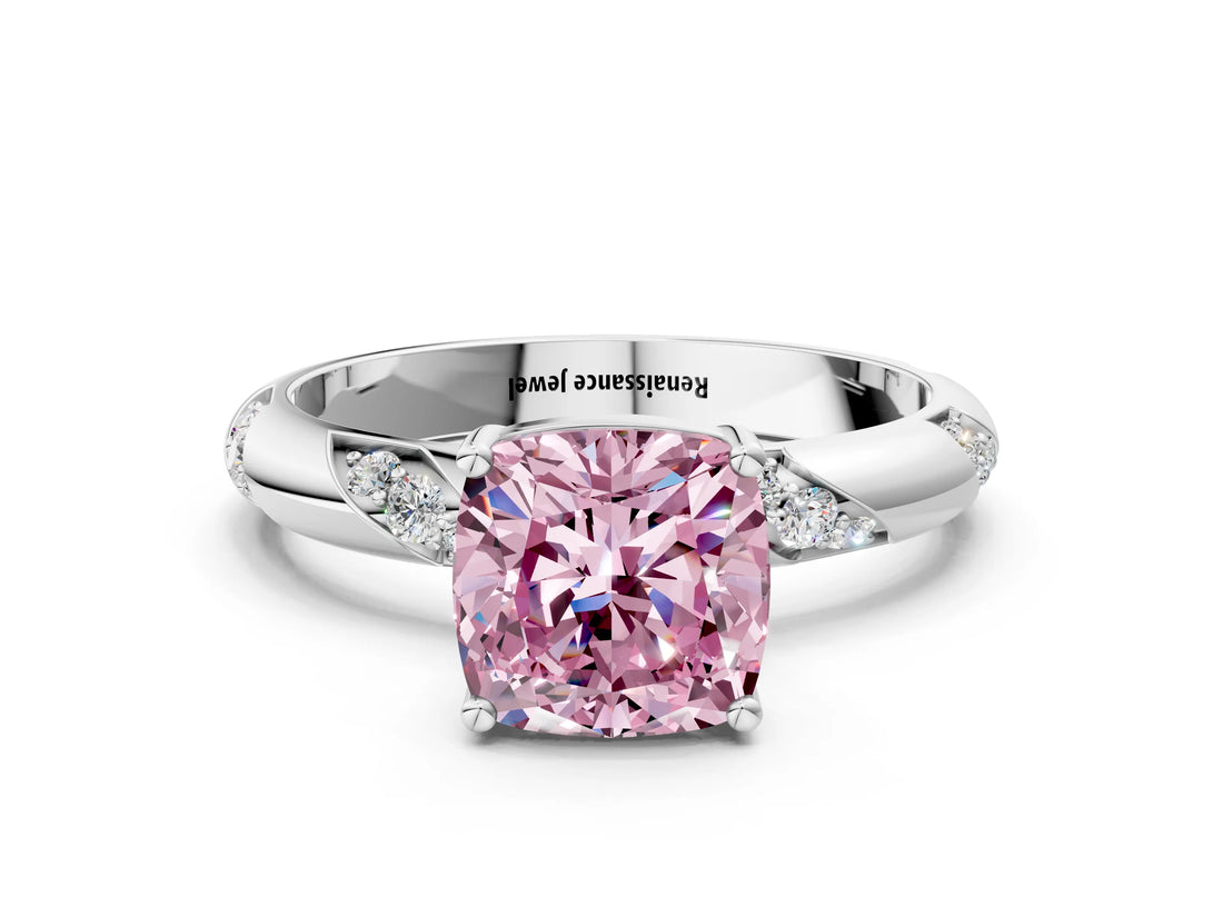White gold Fancy Pink Cushion Cut Solitaire Diamond Engagement Ring with Twisted Pave Band and Four-Prong Setting_38