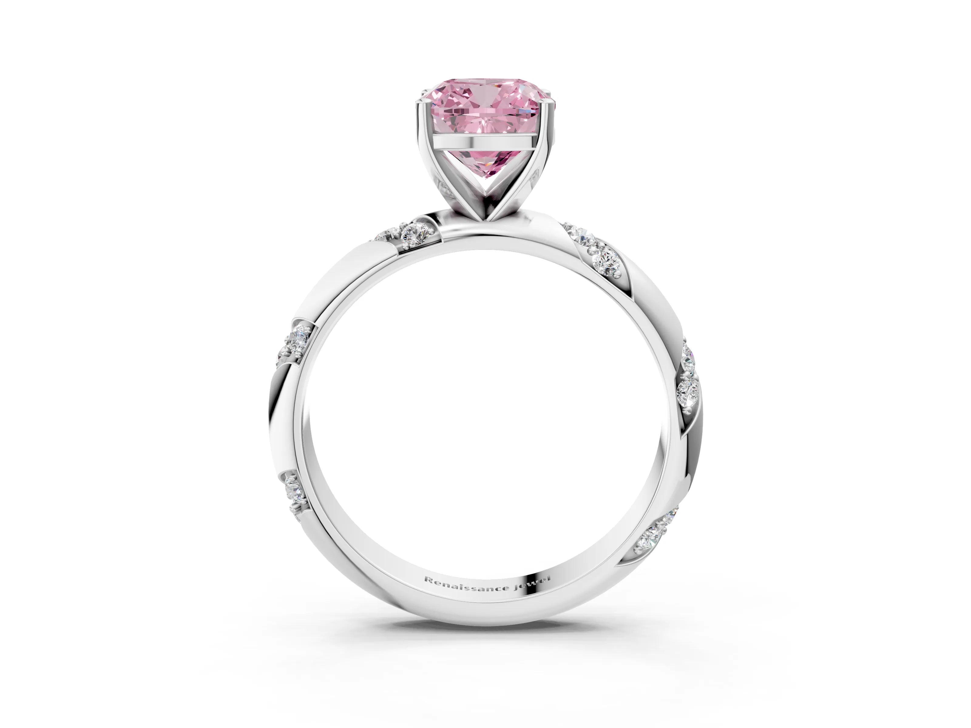White gold Fancy Pink Cushion Cut Solitaire Diamond Engagement Ring with Twisted Pave Band and Four-Prong Setting_40