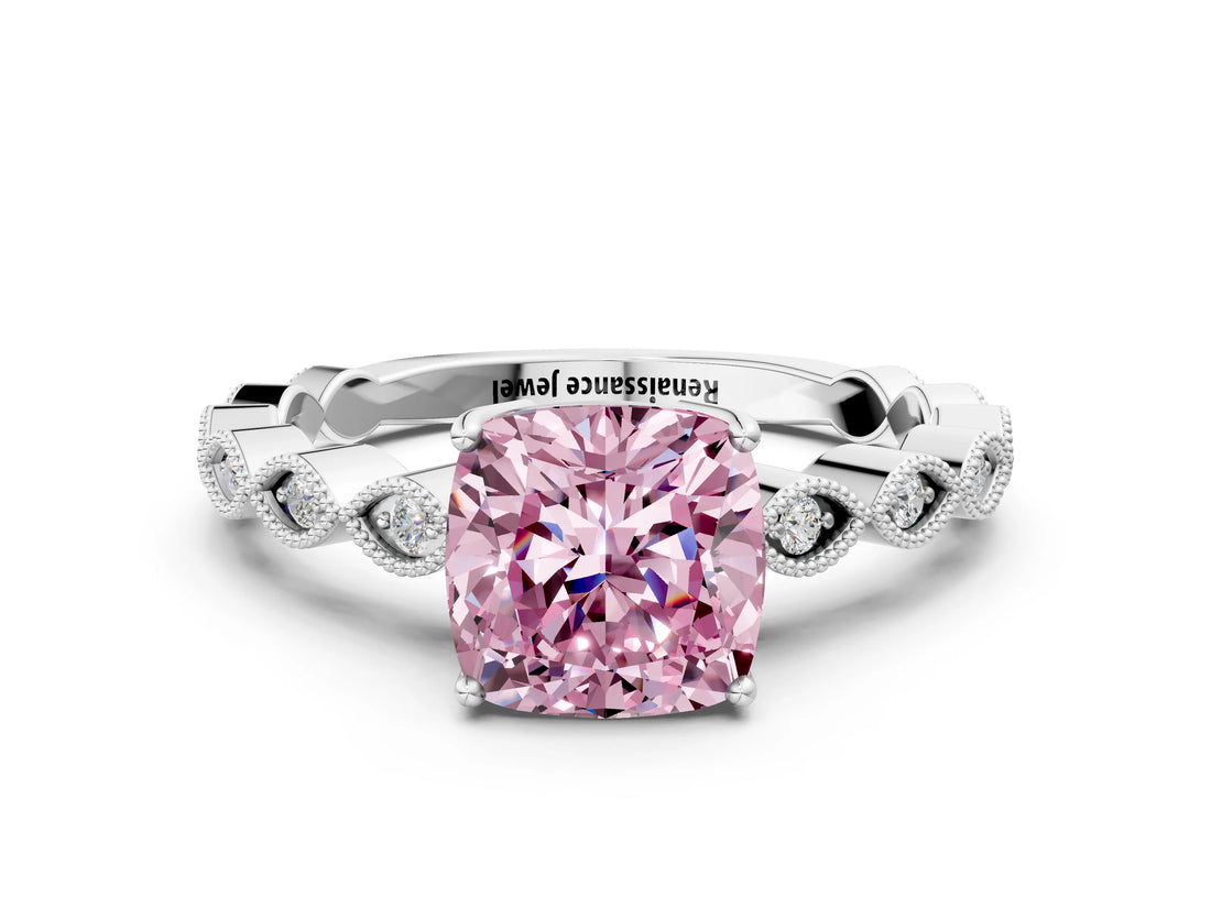 White gold Fancy Pink Cushion Cut Solitaire Diamond Ring with Infinity Twist Band and Four-Prong Setting_36
