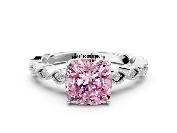 White gold Fancy Pink Cushion Cut Solitaire Diamond Ring with Infinity Twist Band and Four-Prong Setting