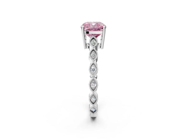 White gold Fancy Pink Cushion Cut Solitaire Diamond Ring with Infinity Twist Band and Four-Prong Setting