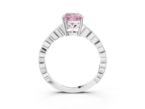 White gold Fancy Pink Cushion Cut Solitaire Diamond Ring with Infinity Twist Band and Four-Prong Setting