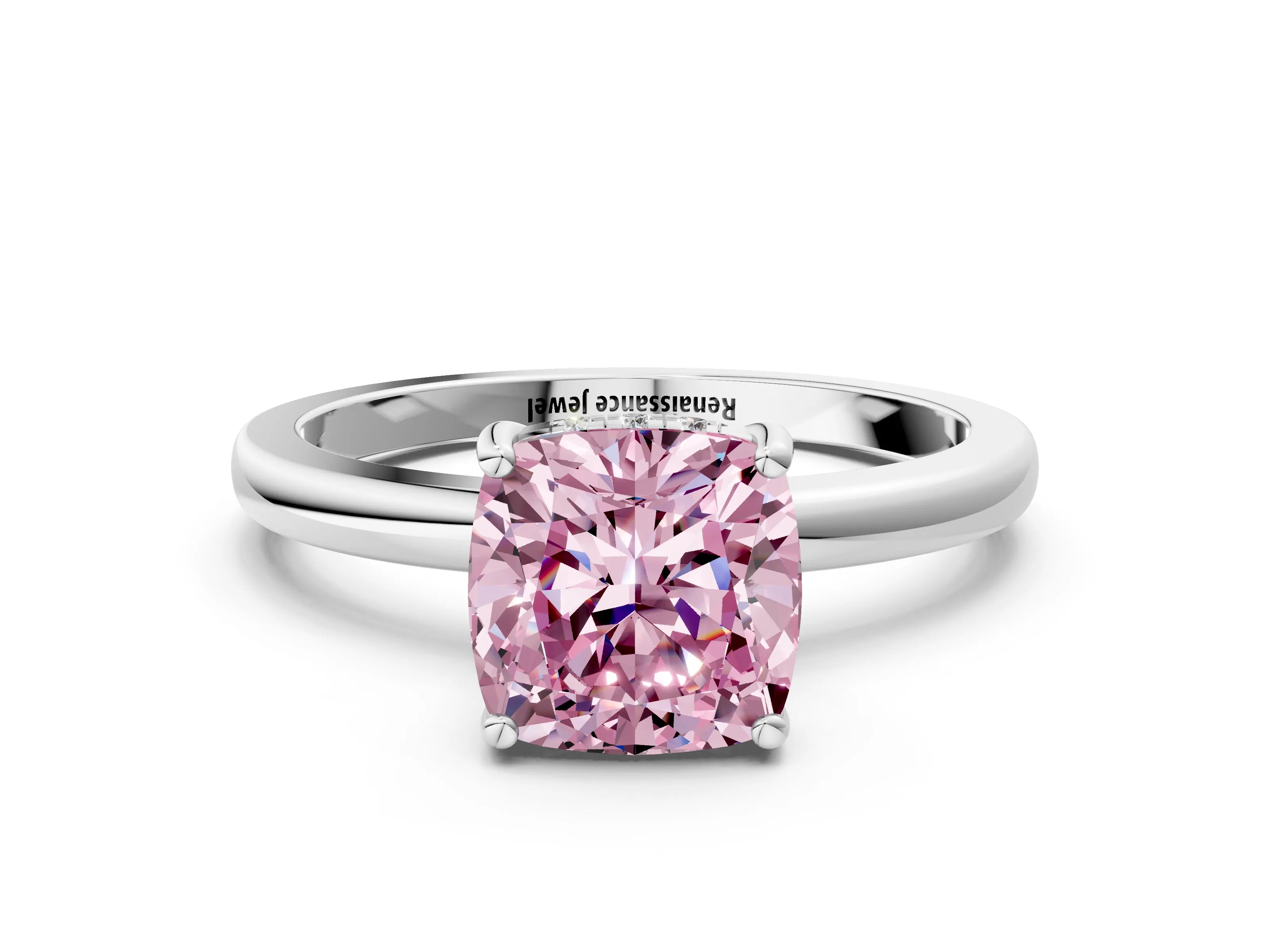 White gold Fancy Pink Cushion Cut Solitaire Diamond Ring with Prong Setting and Plain Band_12