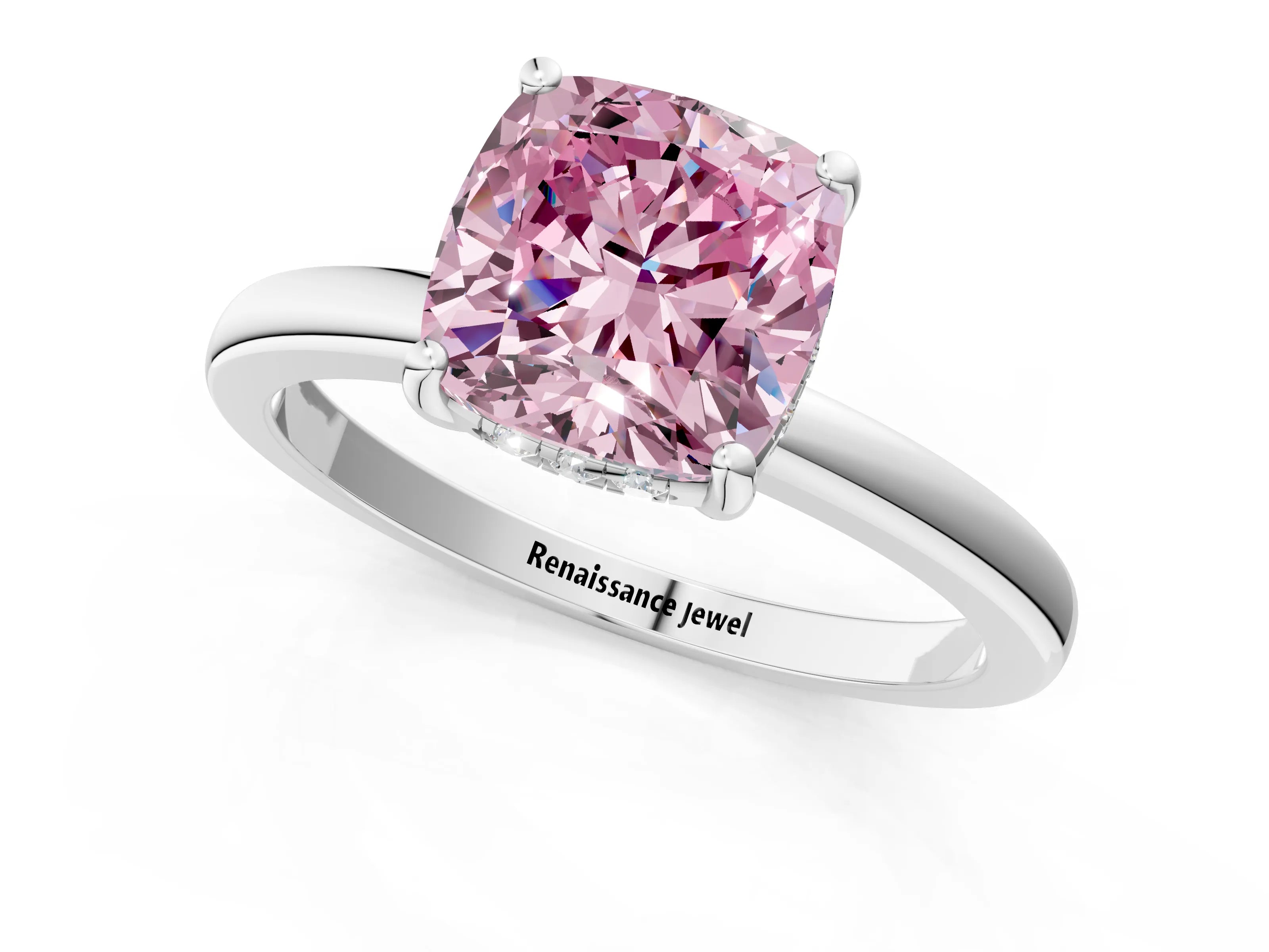 White gold Fancy Pink Cushion Cut Solitaire Diamond Ring with Prong Setting and Plain Band_13