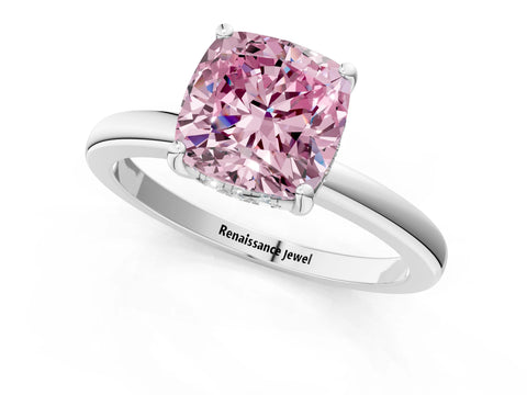 White gold Fancy Pink Cushion Cut Solitaire Diamond Ring with Prong Setting and Plain Band_13