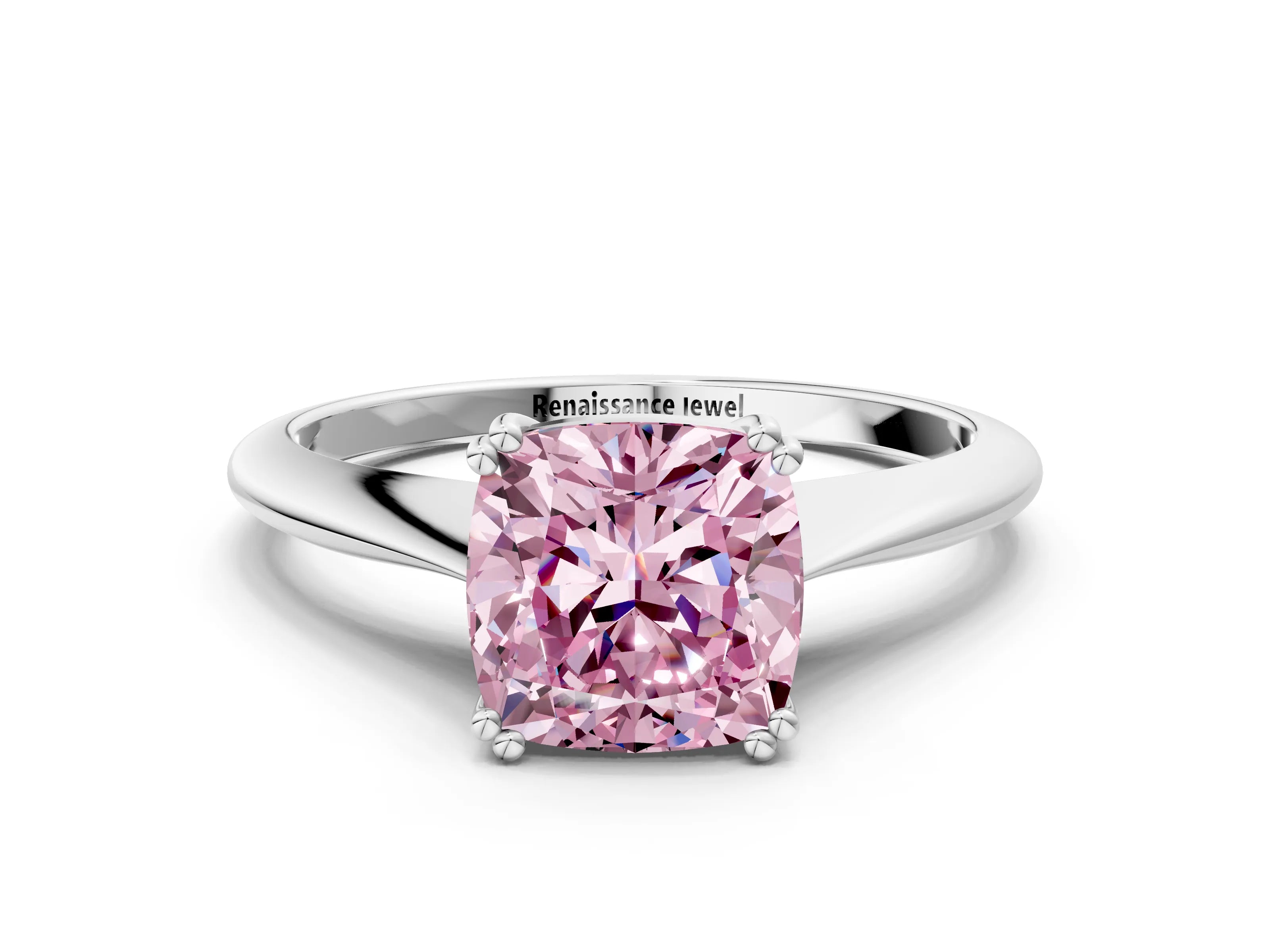White gold Fancy Pink Cushion Cut Solitaire Diamond Ring with Six-Prong Setting and Classic Band