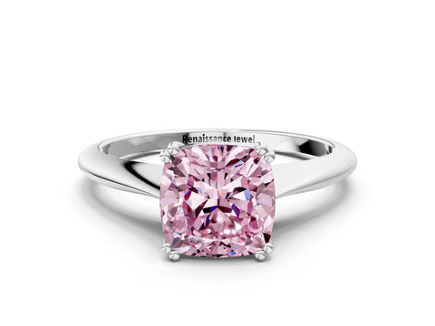 White gold Fancy Pink Cushion Cut Solitaire Diamond Ring with Six-Prong Setting and Classic Band