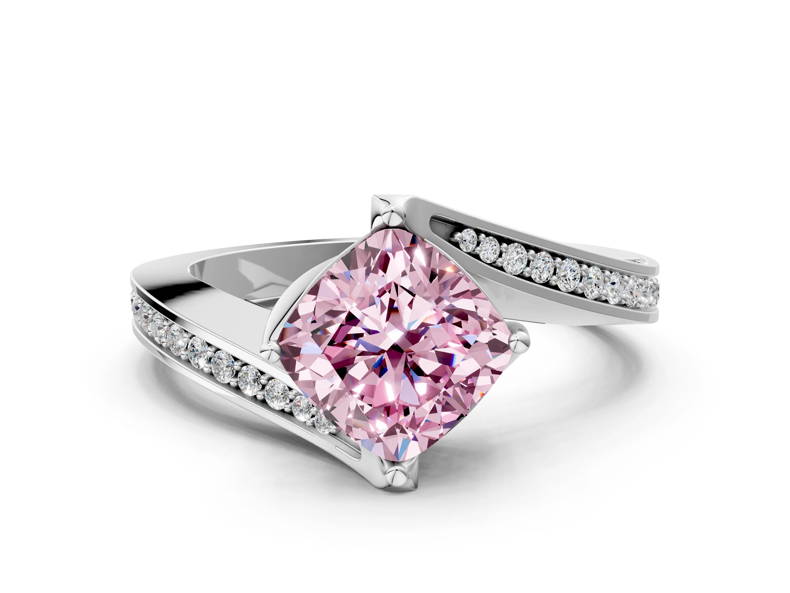 White gold Fancy Pink Cushion Cut Solitaire Diamond Twist Band with Pavé Setting and Four-Prong Setting_12