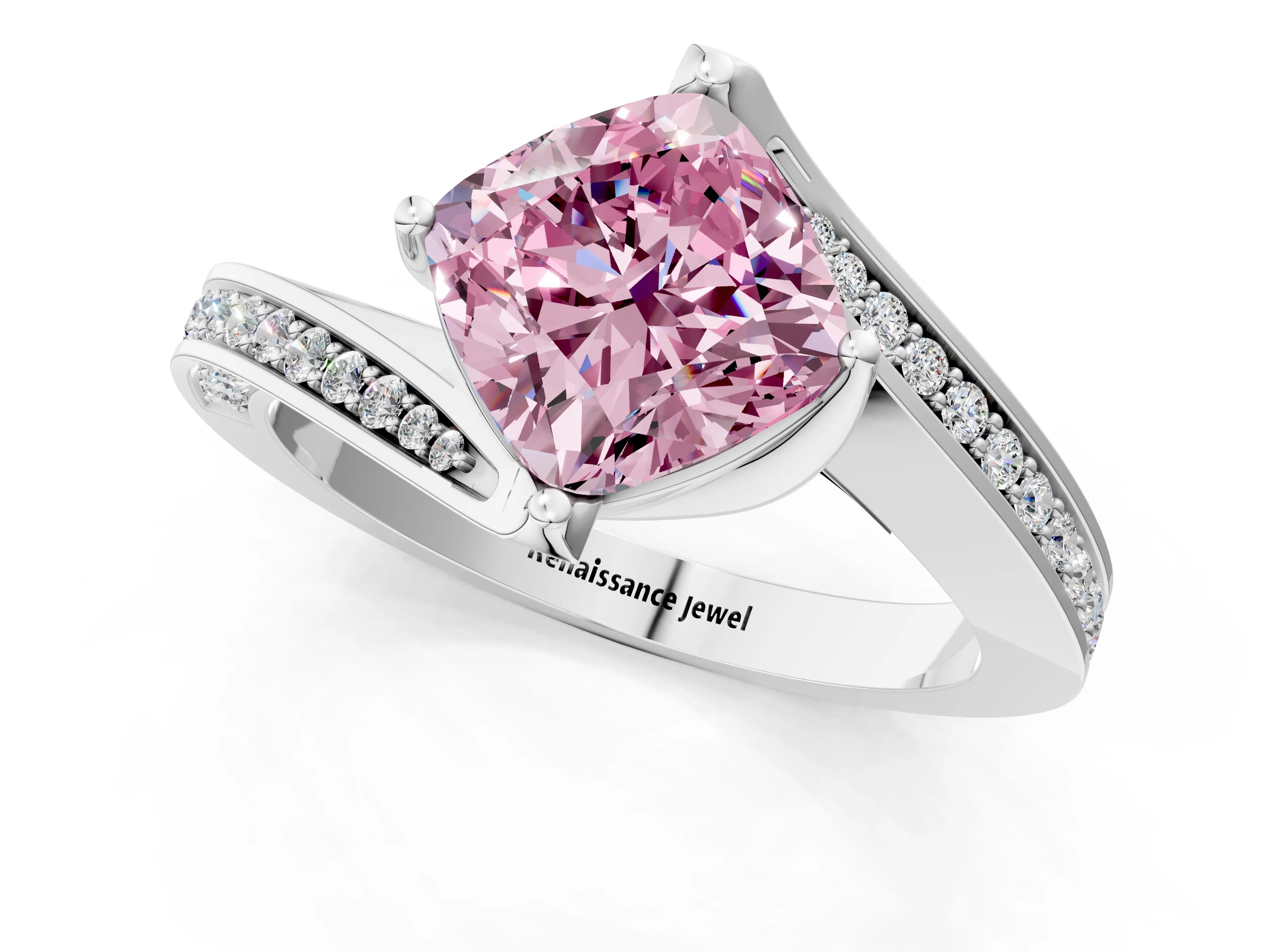 White gold Fancy Pink Cushion Cut Solitaire Diamond Twist Band with Pavé Setting and Four-Prong Setting_13
