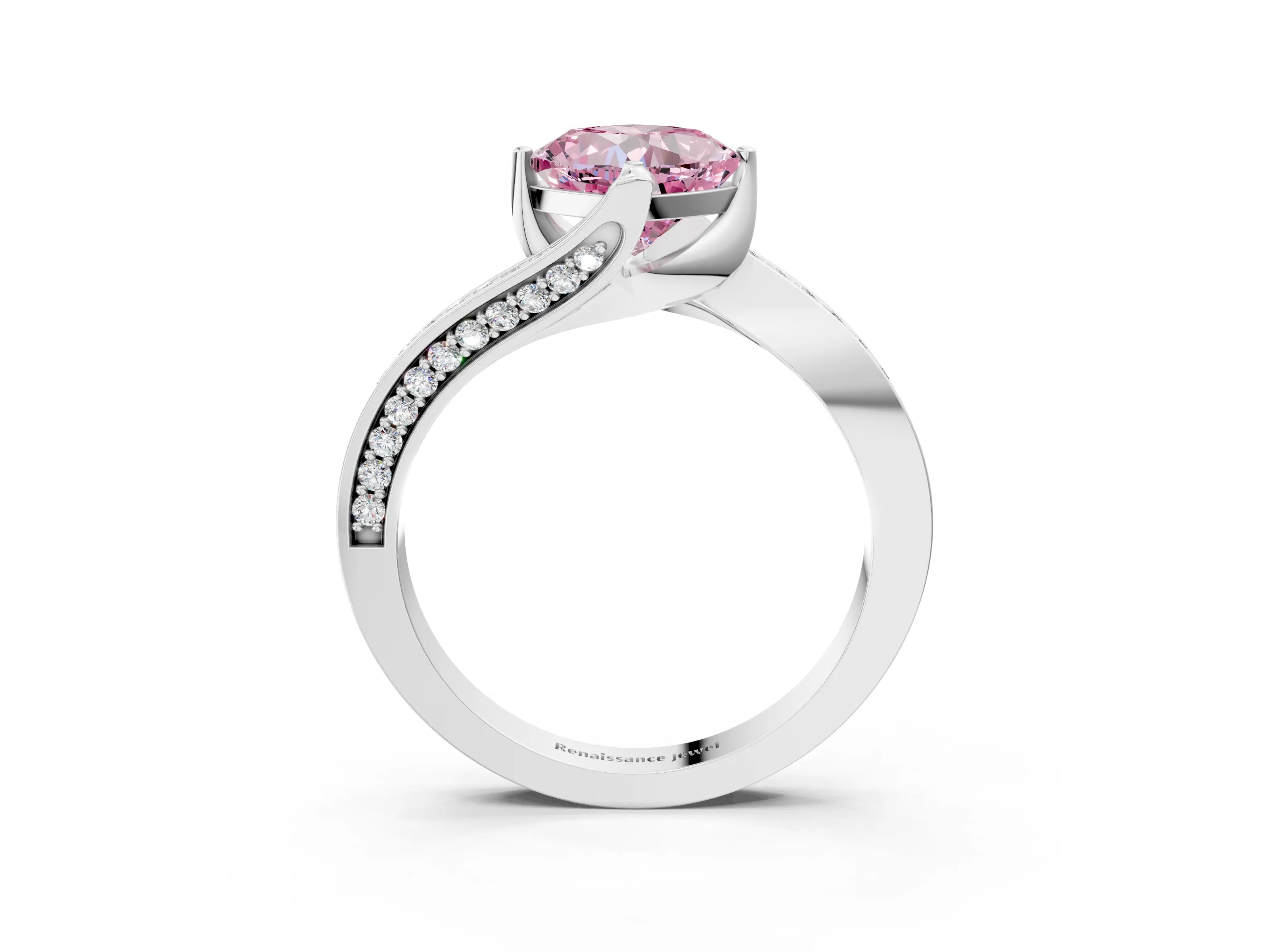 White gold Fancy Pink Cushion Cut Solitaire Diamond Twist Band with Pavé Setting and Four-Prong Setting_15