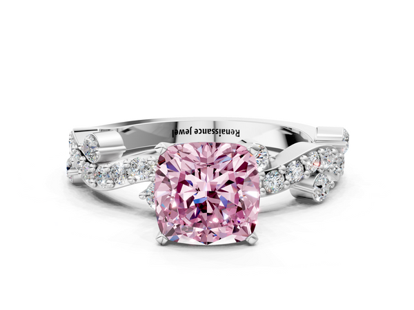 Platinum Fancy Pink Cushion  Cut Solitaire Diamond Twisted Band with Pave Setting