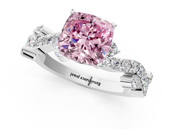 Platinum Fancy Pink Cushion  Cut Solitaire Diamond Twisted Band with Pave Setting