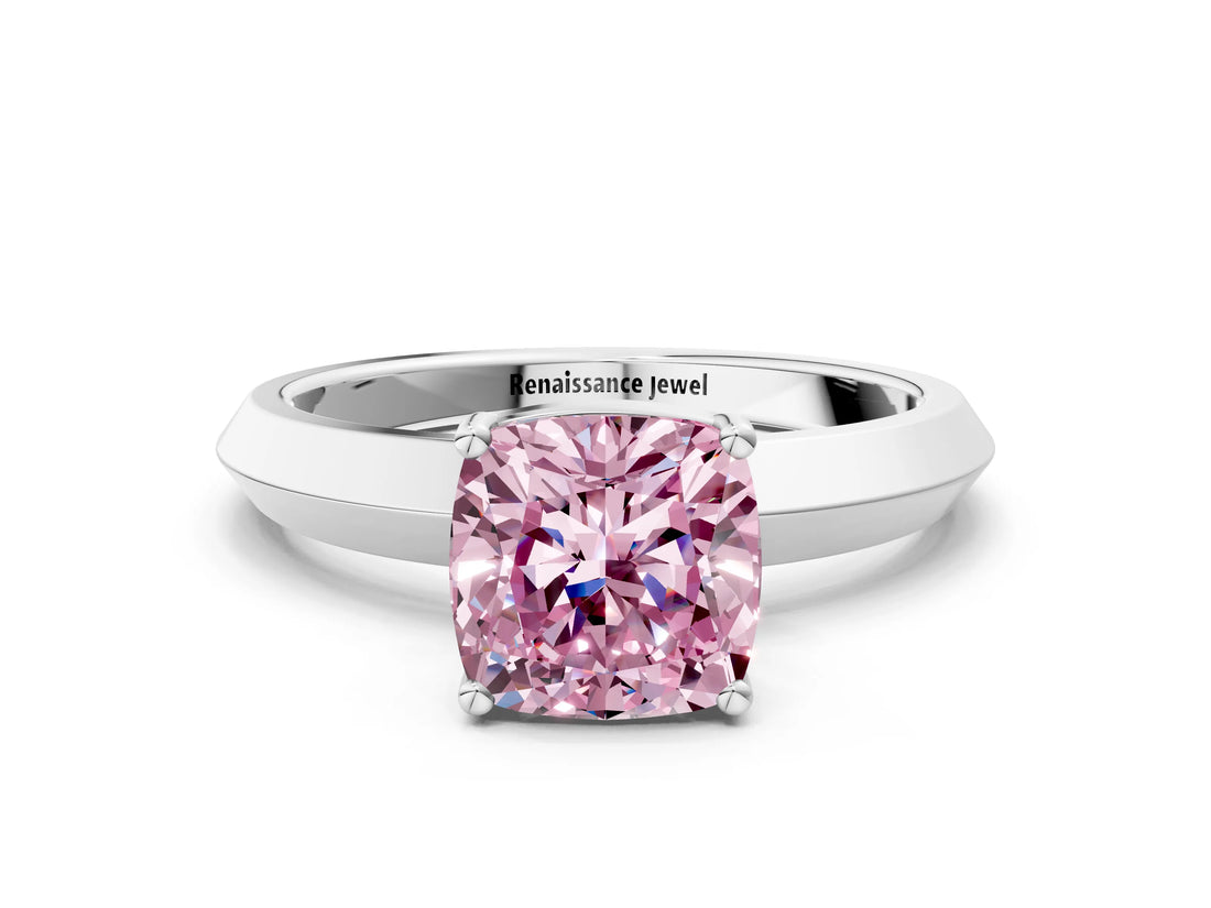 White gold Fancy Pink Cushion  Cut Solitaire Engagement Ring with Flat Band and Four-Prong Setting