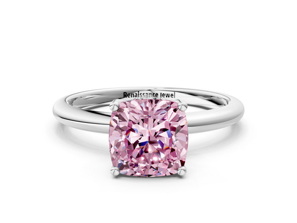 White gold Fancy Pink Cushion  Cut Solitaire Engagement Ring with Four-Prong Setting and Classic Band