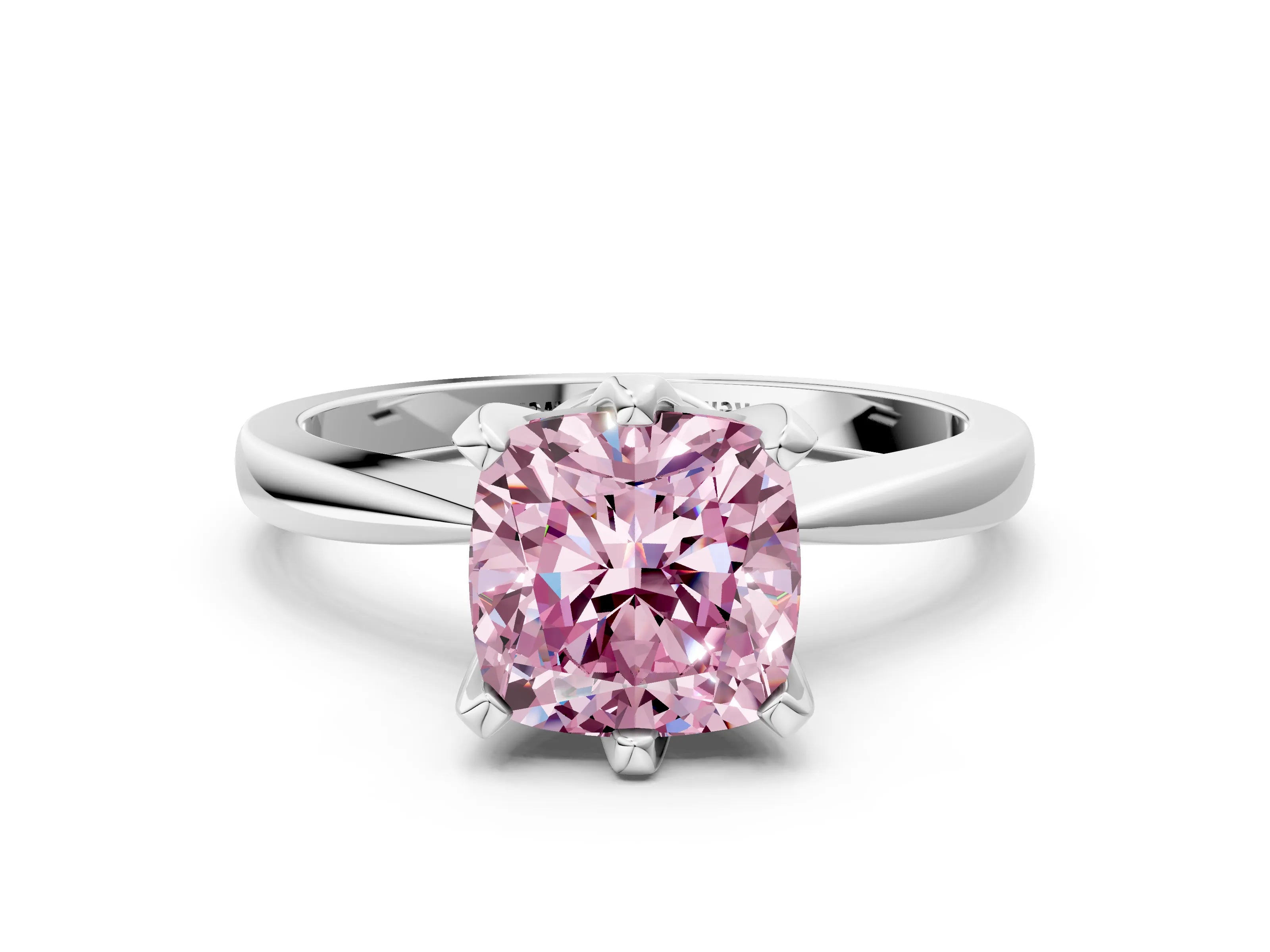 White gold Fancy Pink Cushion Cut Solitaire Engagement Ring with Six-Prong Setting and Tapered Band