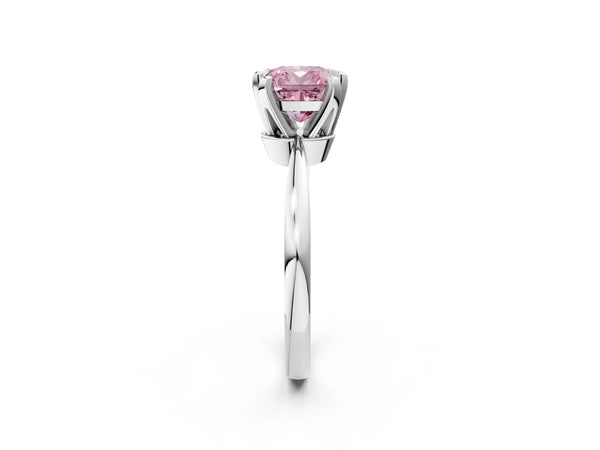 Platinum Fancy Pink Cushion Cut Solitaire Engagement Ring with Six-Prong Setting and Tapered Band