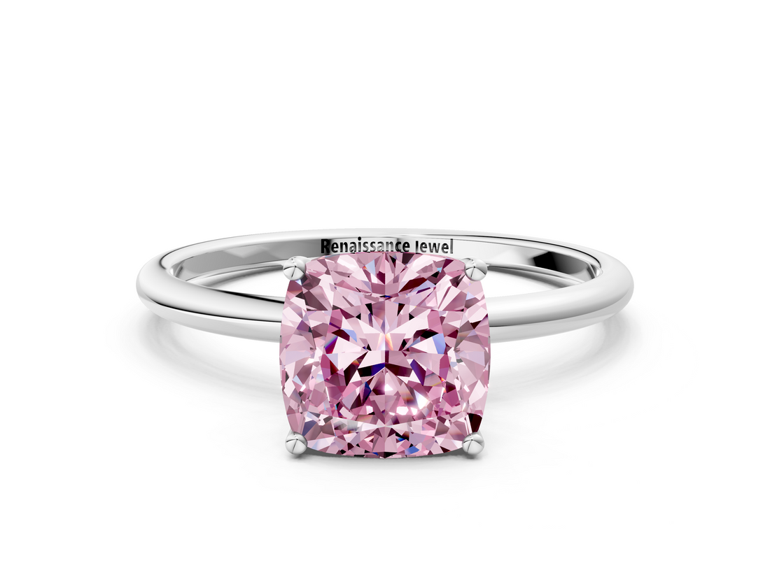 White gold Fancy Pink Cushion  Cut Solitaire Engagement Ring with Thin Band and Four-Prong Setting_3