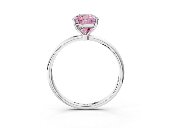 White gold Fancy Pink Cushion  Cut Solitaire Engagement Ring with Thin Band and Four-Prong Setting