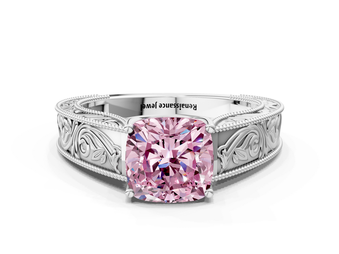 White gold Fancy Pink Cushion  Cut Solitaire Engraved Band with Four-Prong Setting_63