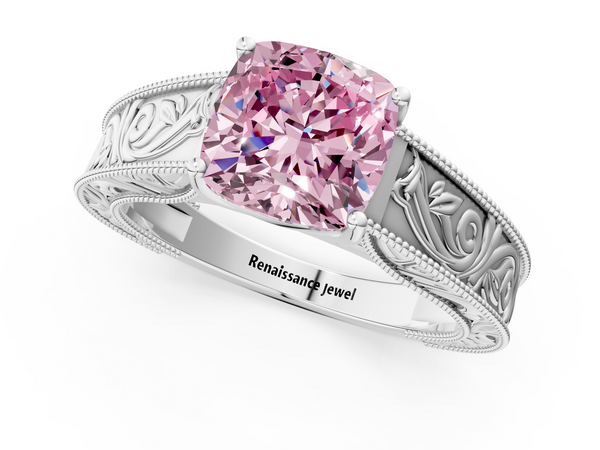 White gold Fancy Pink Cushion Cut Diamond Solitaire Ring with Engraved Band and Four-Prong Setting