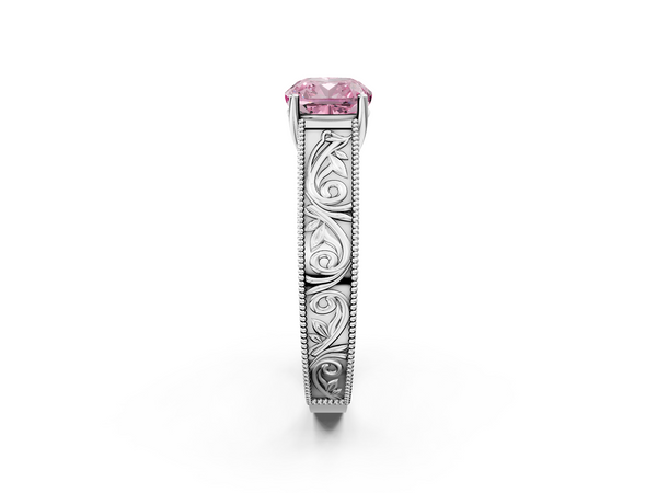 White gold Fancy Pink Cushion Cut Diamond Solitaire Ring with Engraved Band and Four-Prong Setting