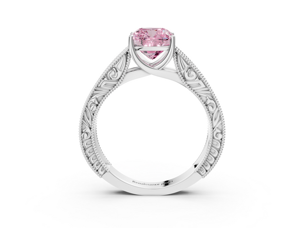 White gold Fancy Pink Cushion Cut Diamond Solitaire Ring with Engraved Band and Four-Prong Setting