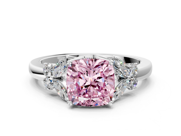 White gold Fancy Pink Cushion  Cut Solitaire Floral Diamond Ring with Four-Prong Setting