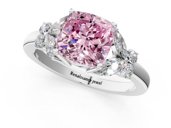 White gold Fancy Pink Cushion  Cut Solitaire Floral Diamond Ring with Four-Prong Setting