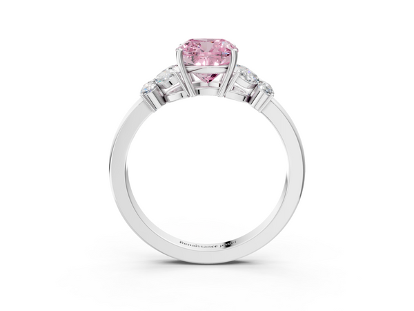 White gold Fancy Pink Cushion  Cut Solitaire Floral Diamond Ring with Four-Prong Setting