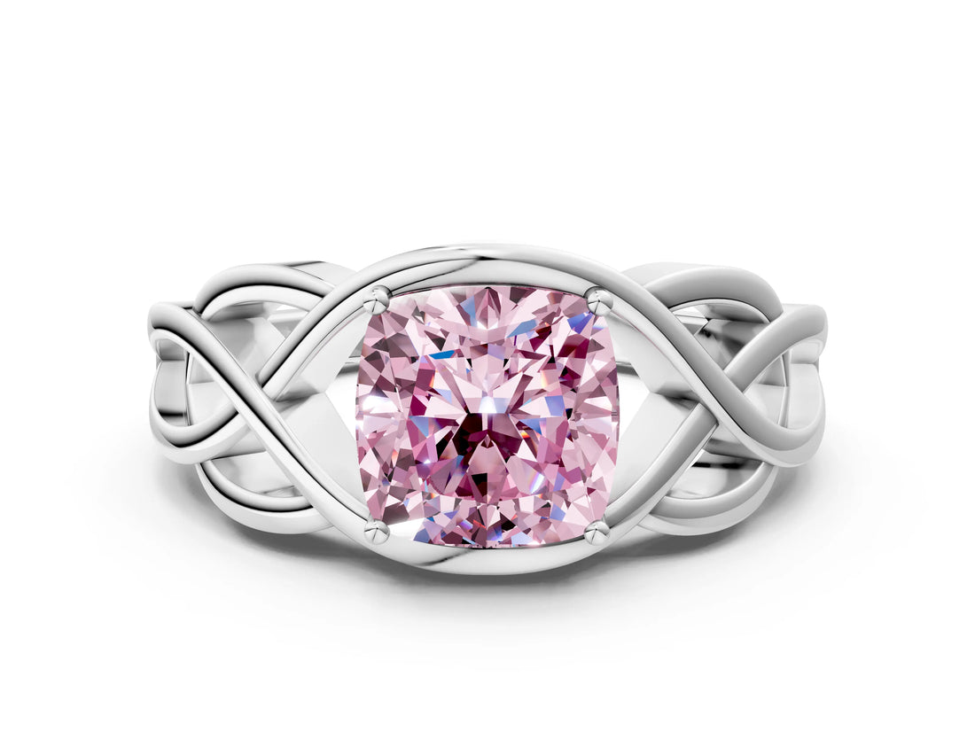 White gold Fancy Pink Cushion Cut Solitaire Intertwined Band Prong Setting Ring