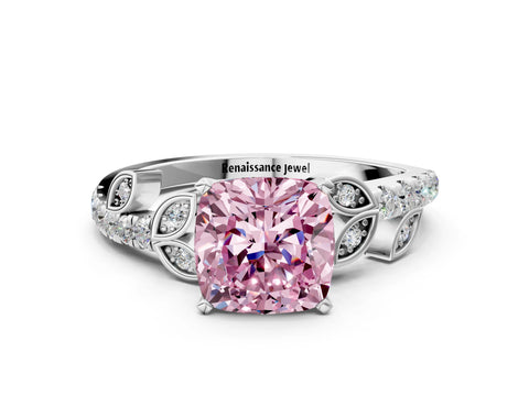 White gold Fancy Pink Cushion Cut Solitaire Leaf-Inspired Diamond Ring with Pavé Band and Four-Prong Setting_12