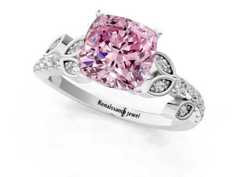 White gold Fancy Pink Cushion Cut Solitaire Leaf-Inspired Diamond Ring with Pavé Band and Four-Prong Setting_13