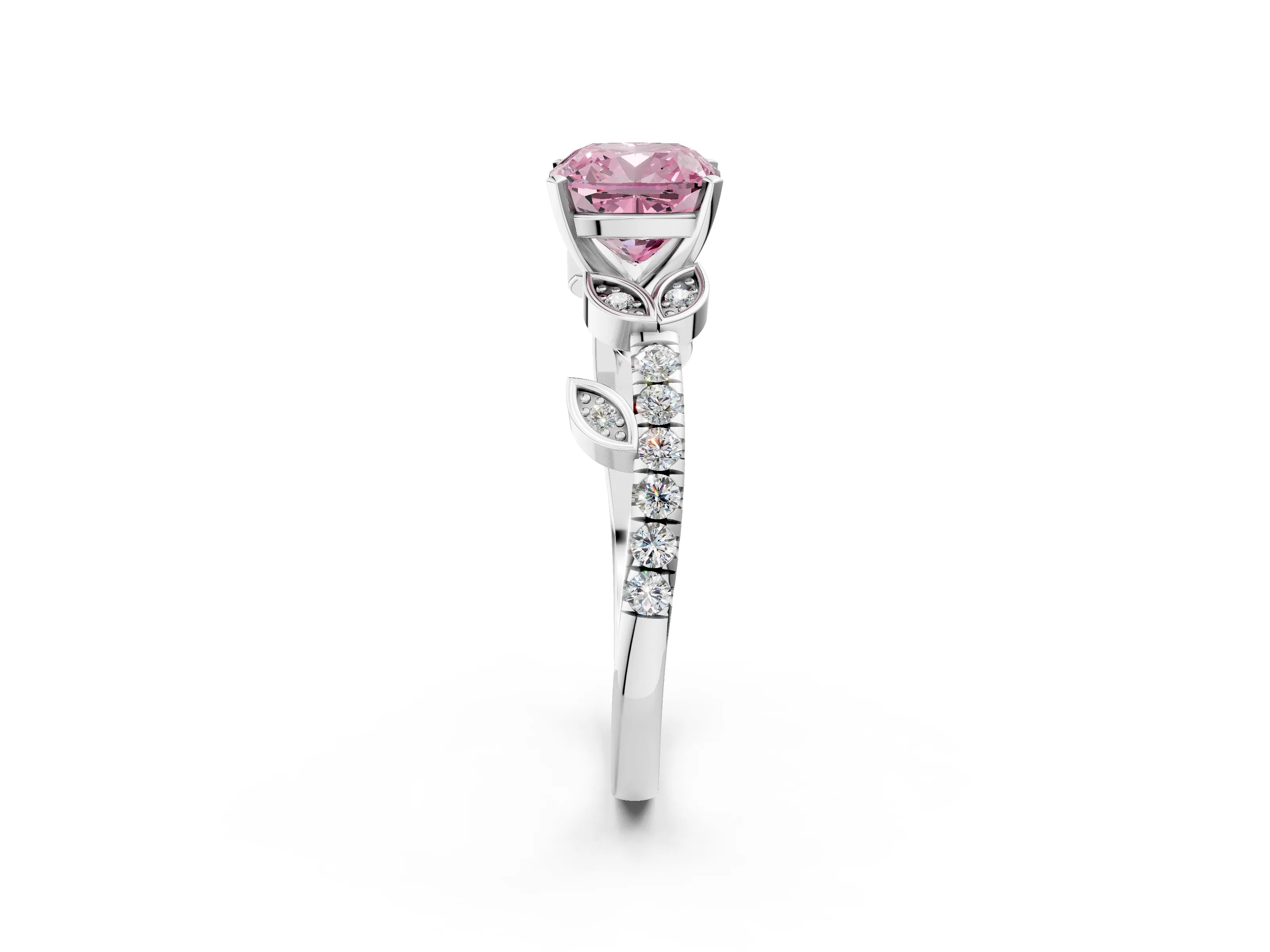 White gold Fancy Pink Cushion Cut Solitaire Leaf-Inspired Diamond Ring with Pavé Band and Four-Prong Setting_14