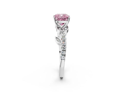 White gold Fancy Pink Cushion Cut Solitaire Leaf-Inspired Diamond Ring with Pavé Band and Four-Prong Setting_14