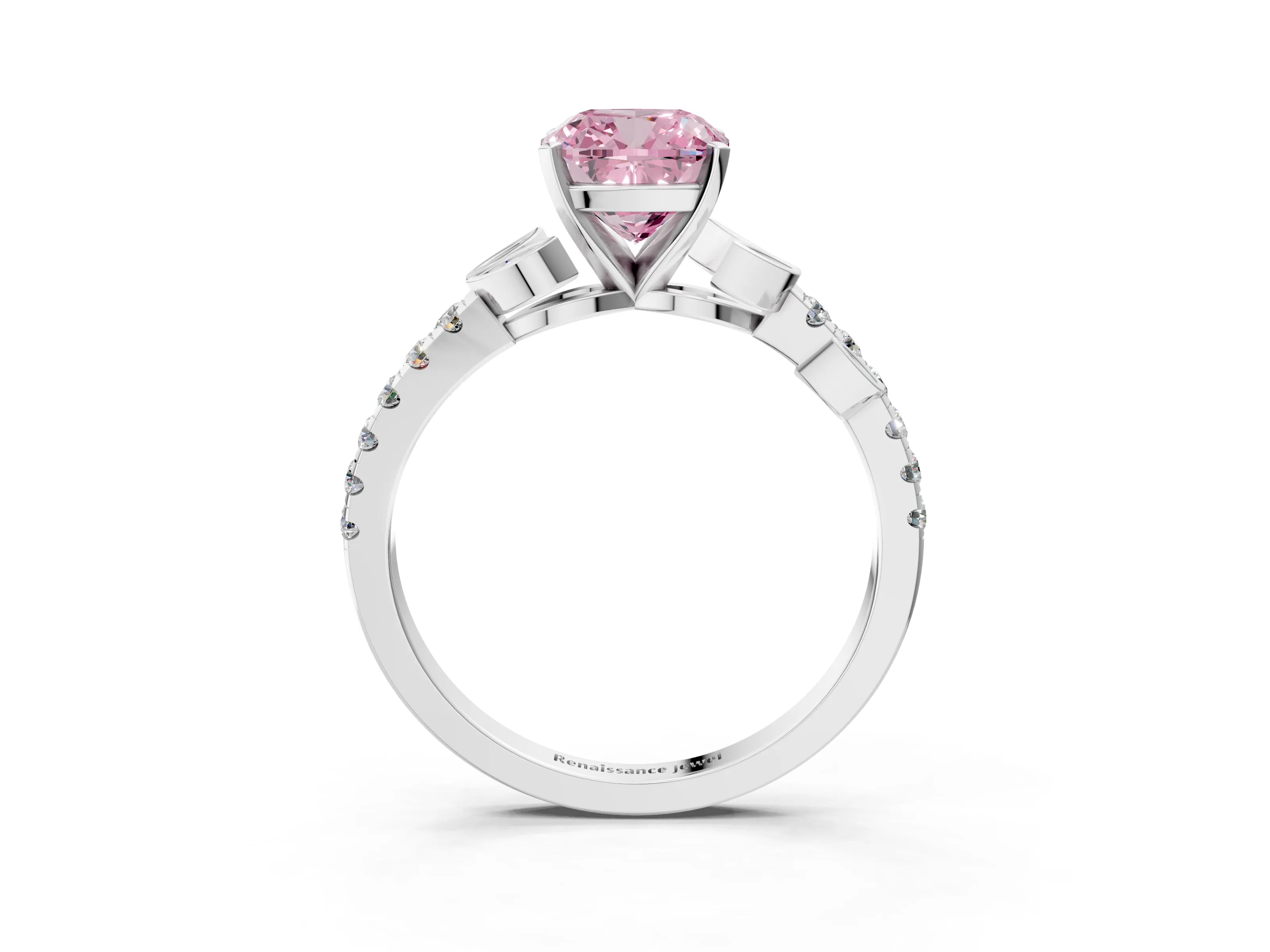 White gold Fancy Pink Cushion Cut Solitaire Leaf-Inspired Diamond Ring with Pavé Band and Four-Prong Setting_15