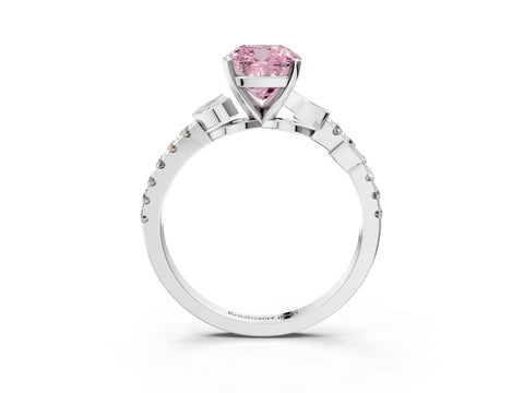 White gold Fancy Pink Cushion Cut Solitaire Leaf-Inspired Diamond Ring with Pavé Band and Four-Prong Setting_15