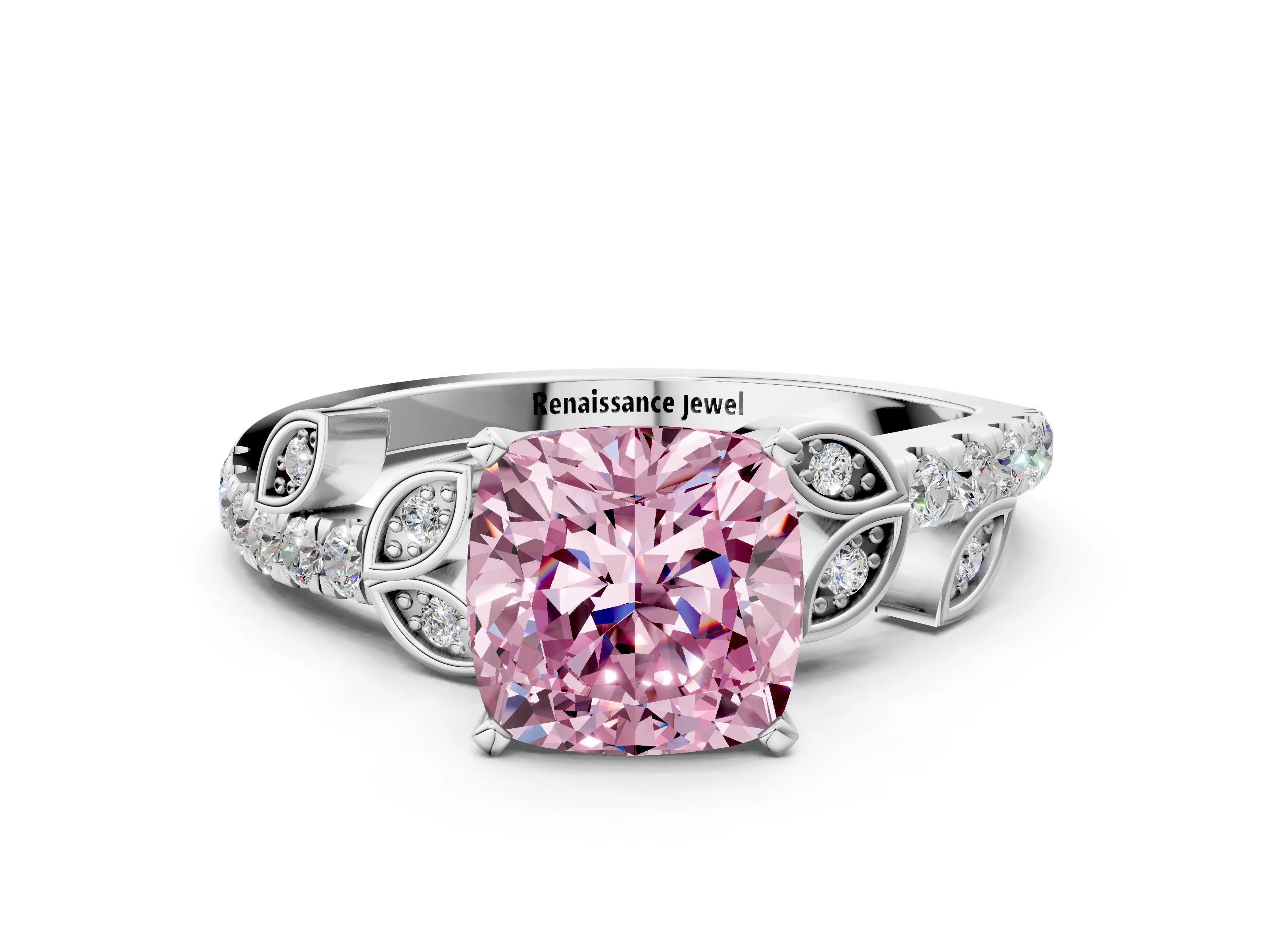 White gold Fancy Pink Cushion Cut Solitaire Leaf-Inspired Diamond Ring with Pavé Band and Four-Prong Setting_24