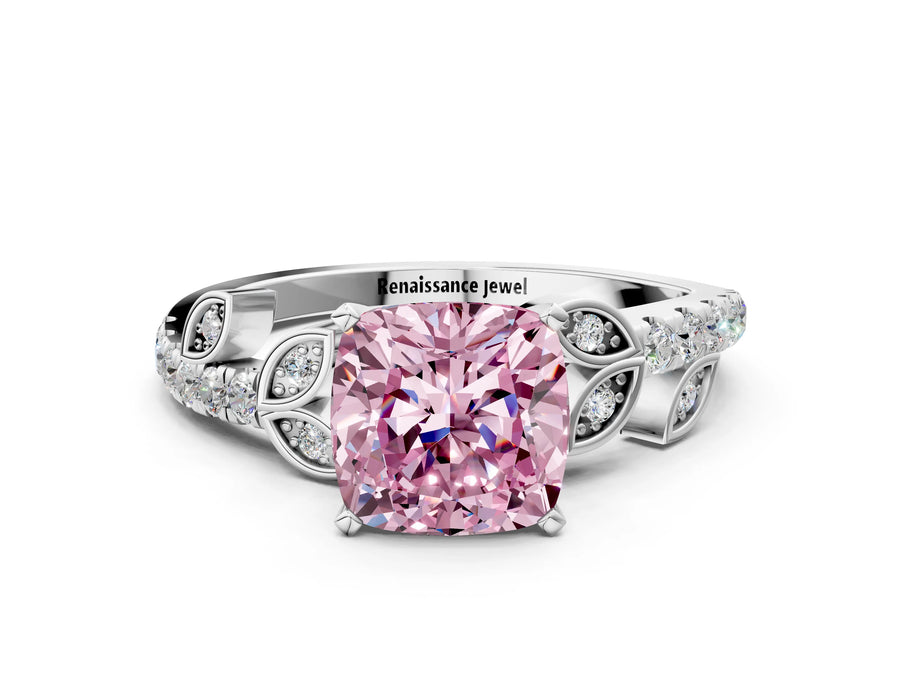 White gold Fancy Pink Cushion Cut Solitaire Leaf-Inspired Diamond Ring with Pavé Band and Four-Prong Setting
