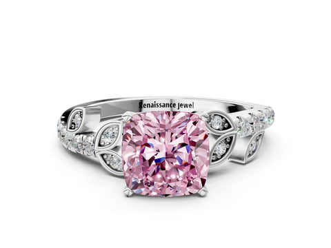 White gold Fancy Pink Cushion Cut Solitaire Leaf-Inspired Diamond Ring with Pavé Band and Four-Prong Setting_24