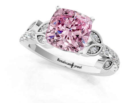 White gold Fancy Pink Cushion Cut Solitaire Leaf-Inspired Diamond Ring with Pavé Band and Four-Prong Setting_25