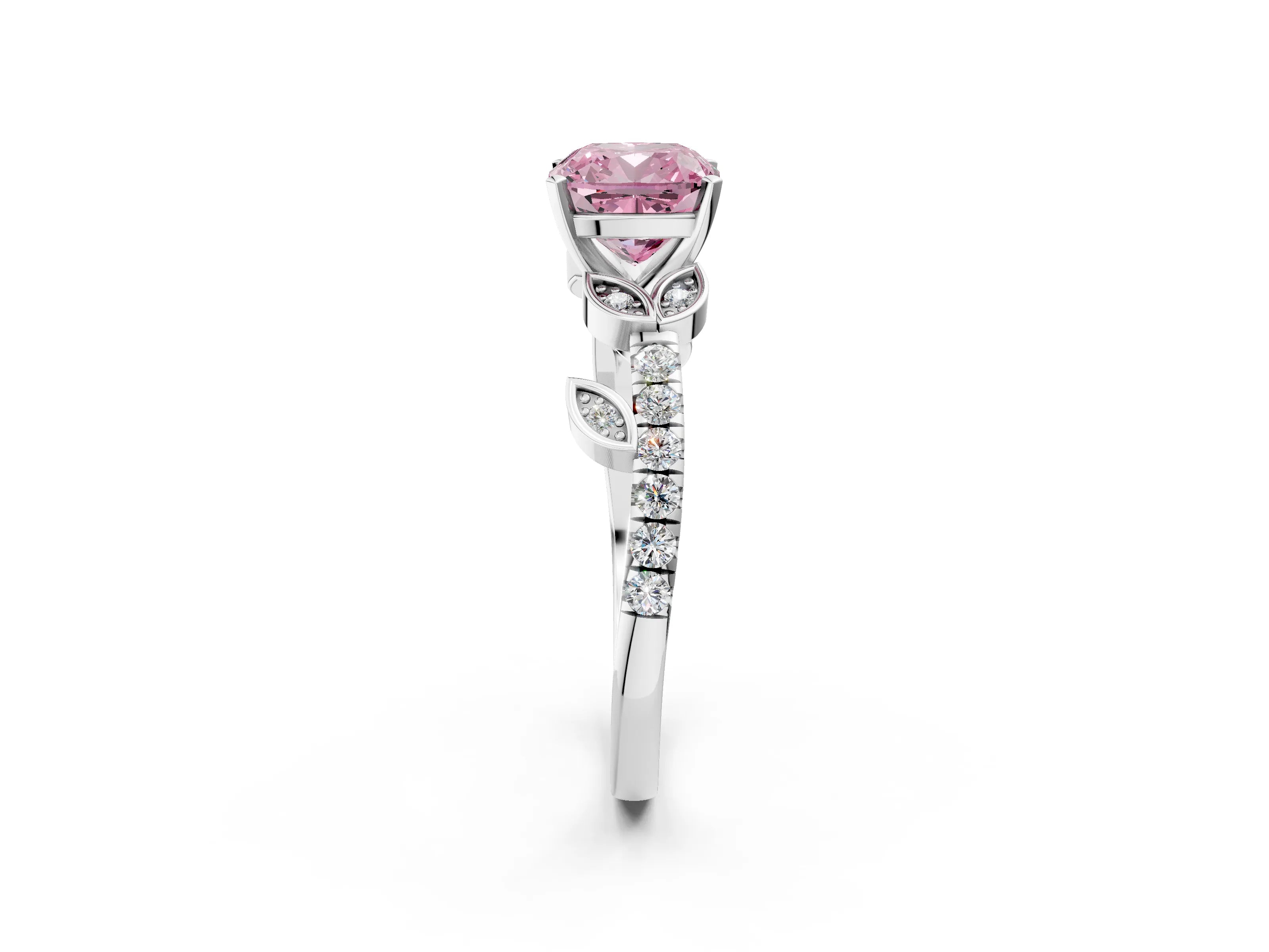 White gold Fancy Pink Cushion Cut Solitaire Leaf-Inspired Diamond Ring with Pavé Band and Four-Prong Setting_26