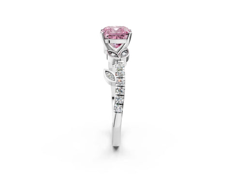 White gold Fancy Pink Cushion Cut Solitaire Leaf-Inspired Diamond Ring with Pavé Band and Four-Prong Setting_26