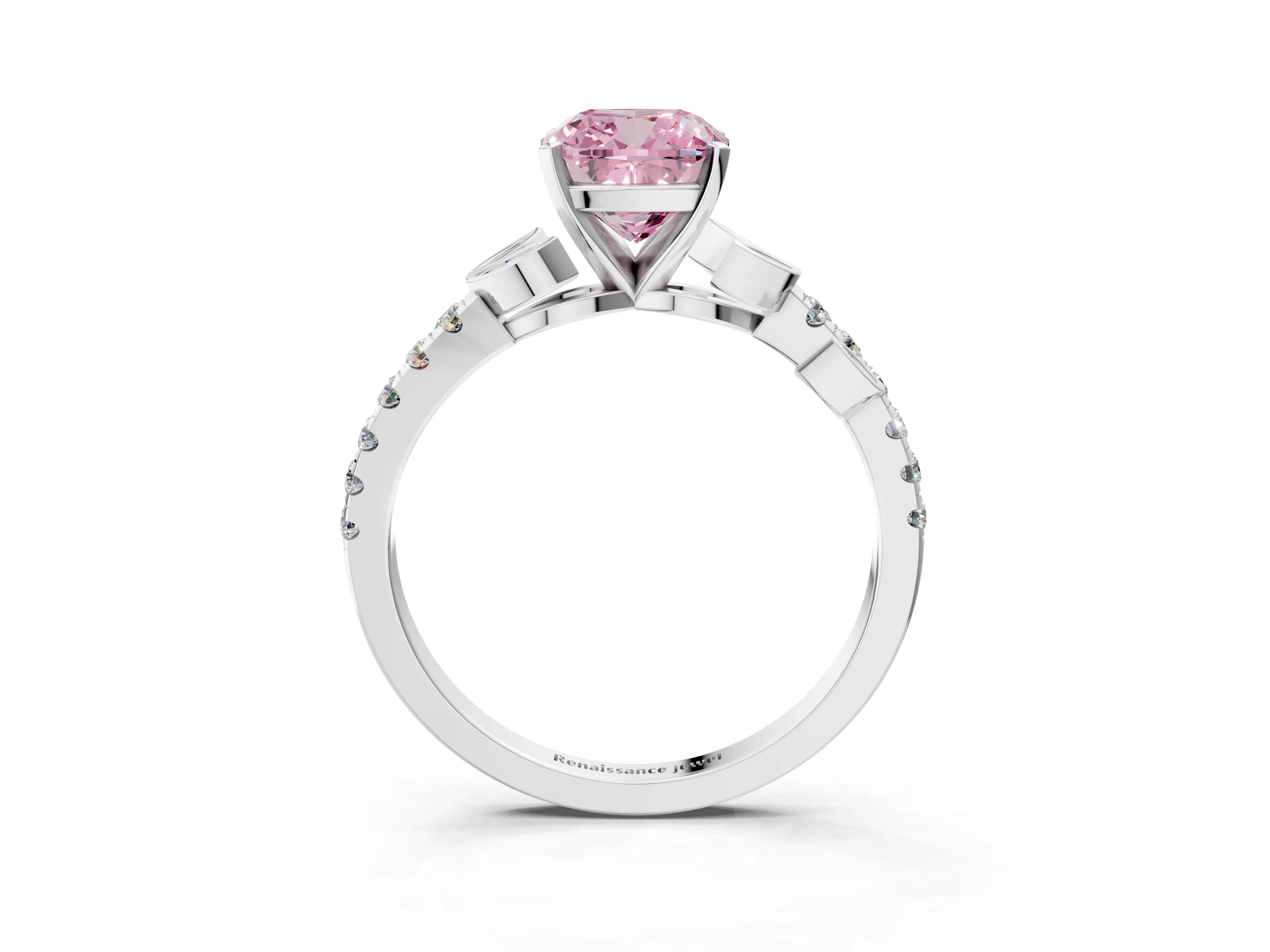 White gold Fancy Pink Cushion Cut Solitaire Leaf-Inspired Diamond Ring with Pavé Band and Four-Prong Setting_27